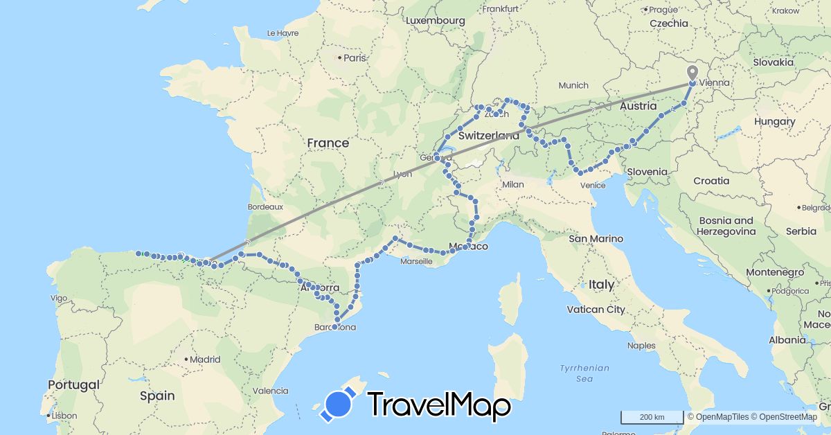 TravelMap itinerary: driving, bus, plane, cycling, train in Andorra, Austria, Switzerland, Germany, Spain, France, Italy, Liechtenstein, Slovenia (Europe)